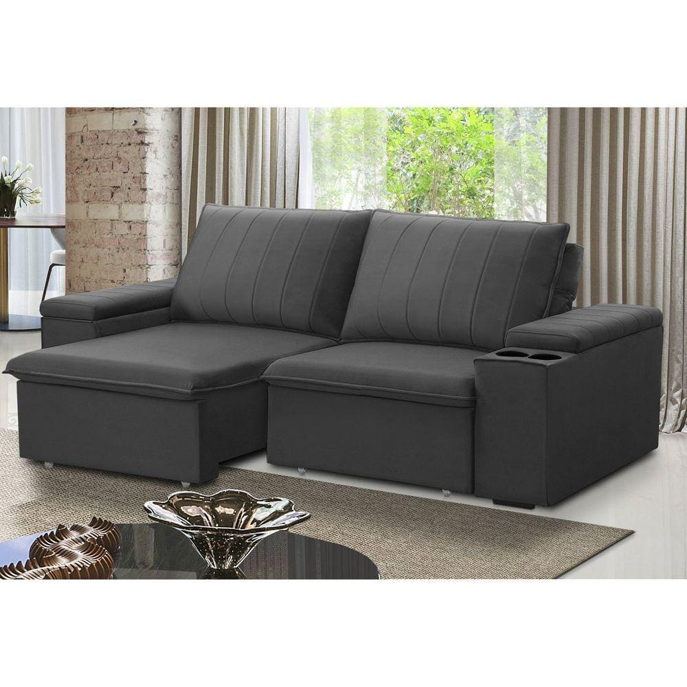 Sofá Retrátil e Reclinável Ballarat 2,05m com Porta Copos Veludo Grafite