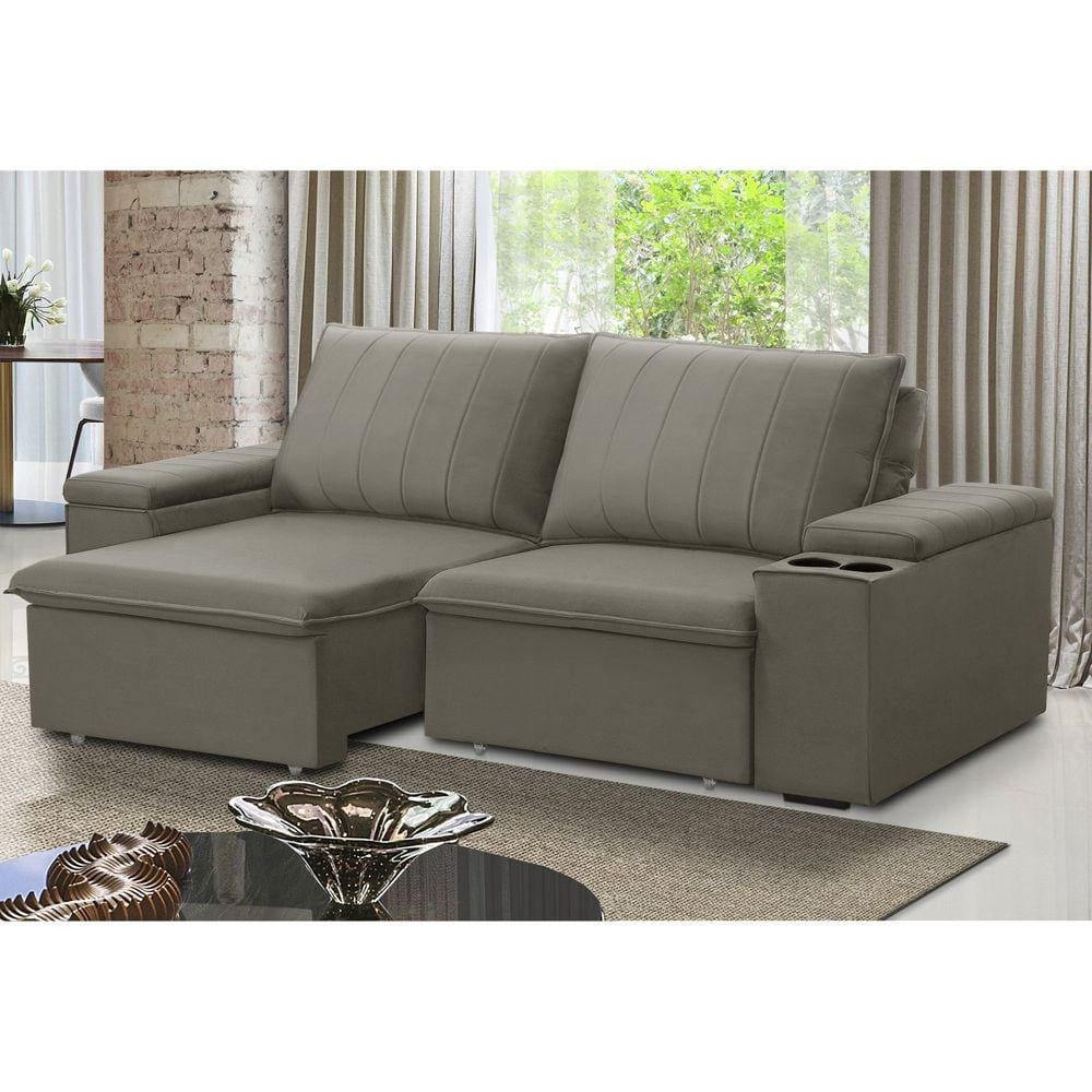 Sofá Retrátil e Reclinável Ballarat 2,05m com Porta Copos Veludo Castor