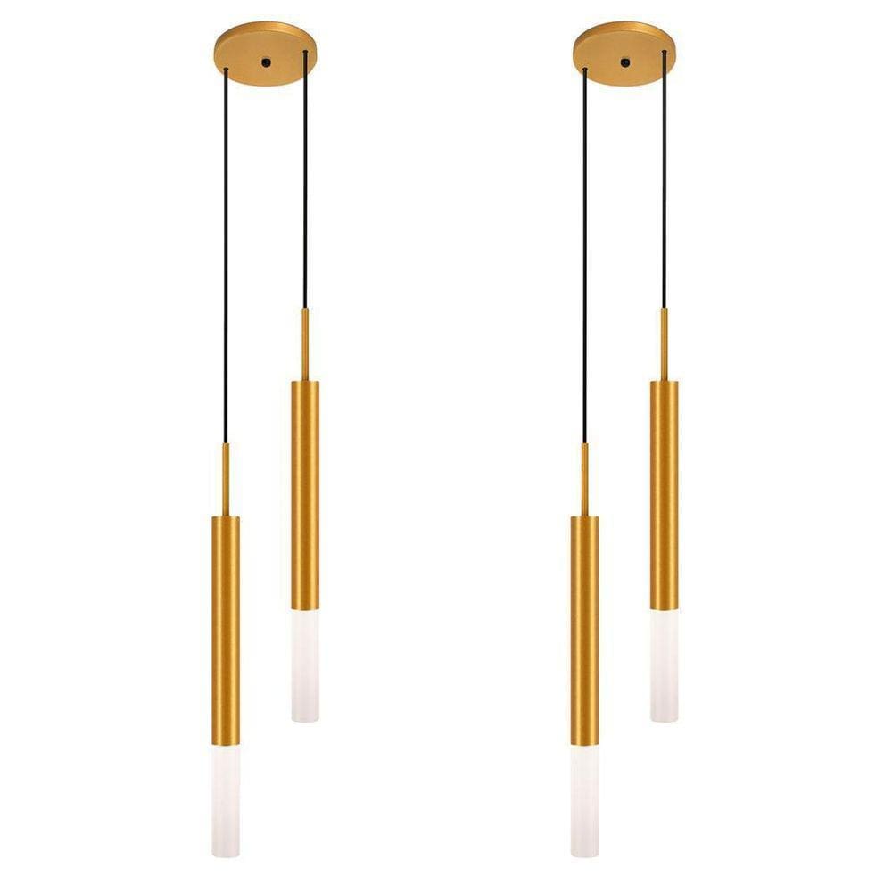 Kit 2 Luminárias Pendente Teto Tubo Duplo Difusor Dourado