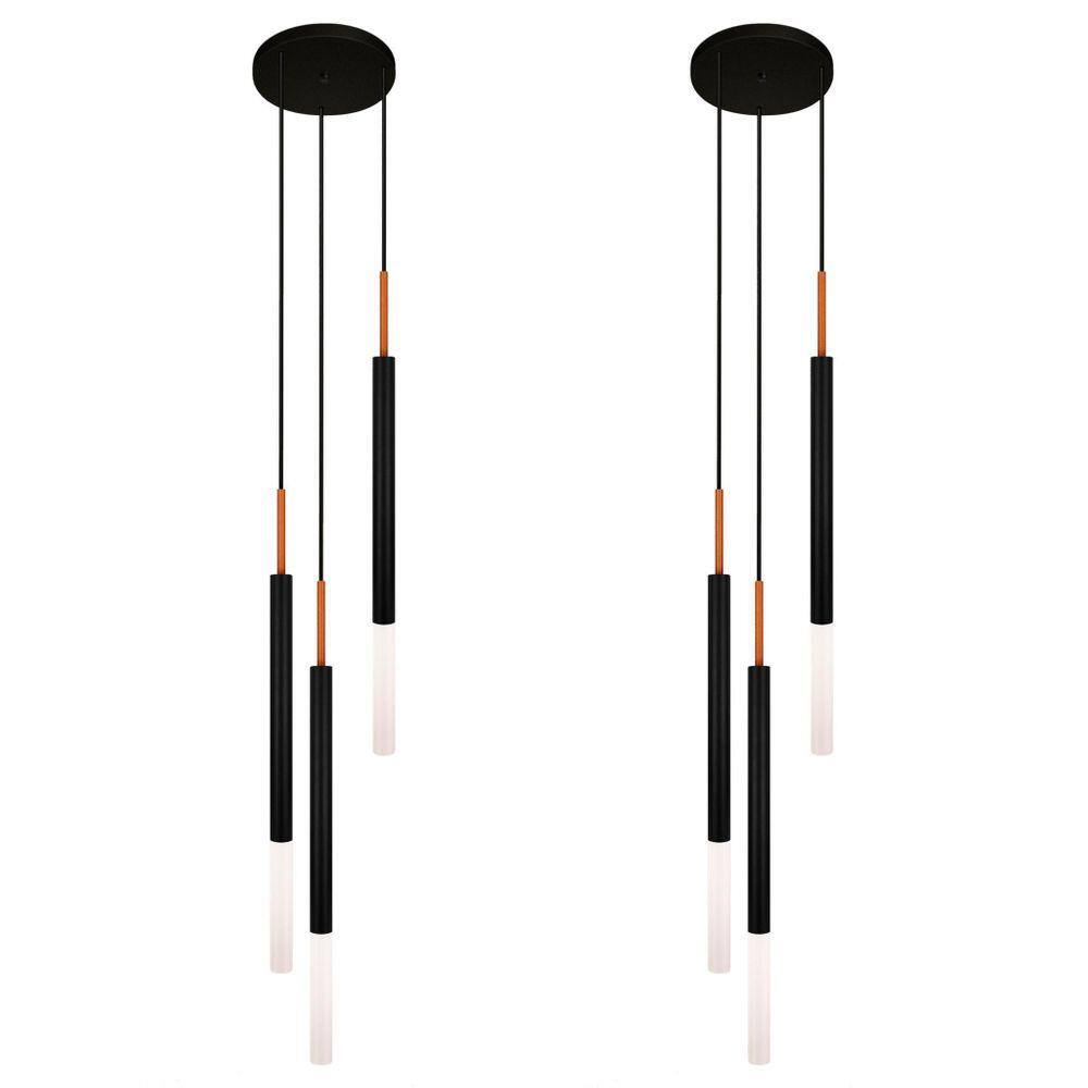 Kit 2 Luminárias Pendente Tubo Triplo Difusor Preto Cobre