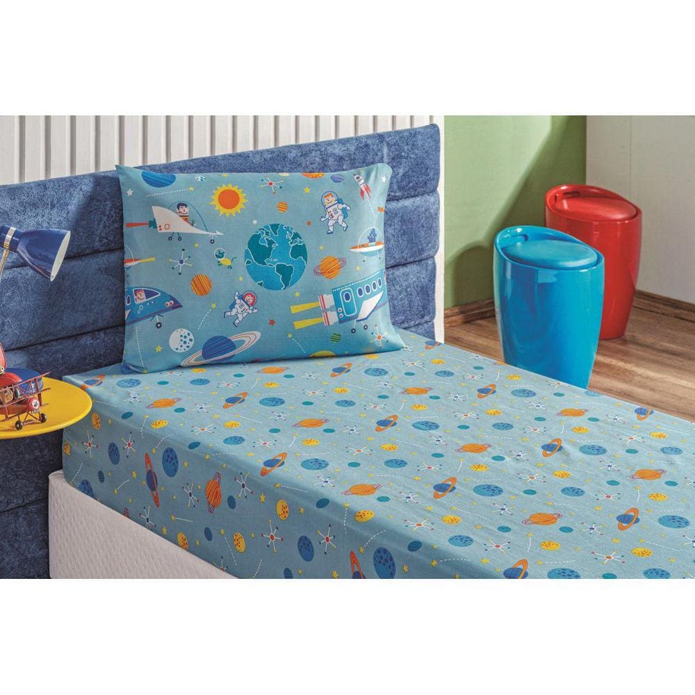 Roupa Cama Solteiro Lençol Bouti Infantil 2 Peças Astronauta