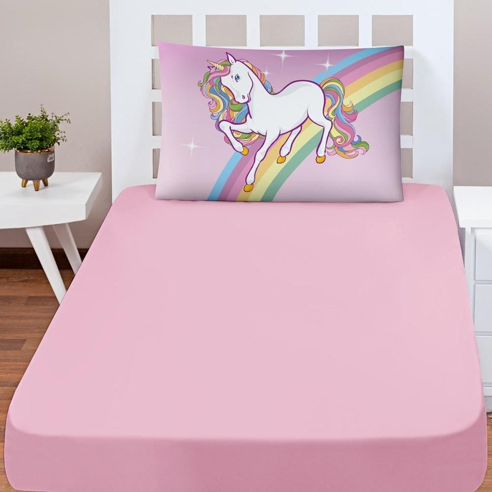 Jogo Cama Lençol Shine Solteiro 2Pçs Unicórnio Rosa