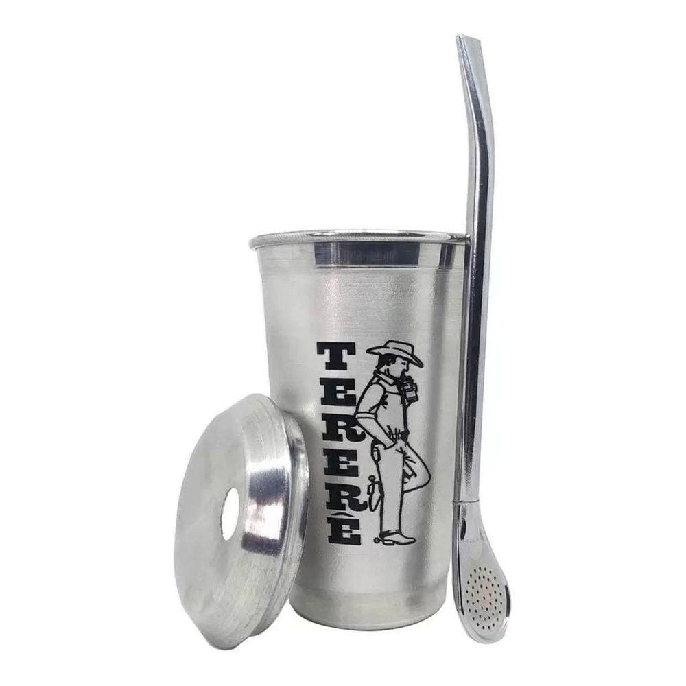 Kit 1 Cuia Copo Inox 350Ml 1 Bomba Lisa Tereré Chimarrão