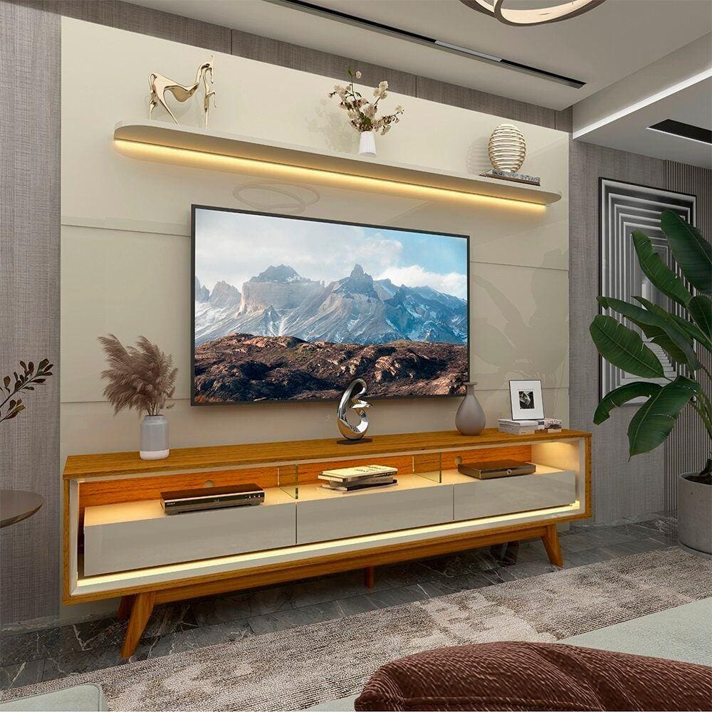 Painel e Rack LED Pés Madeira Royal Requinte 212 Naturale Off White - Gelius