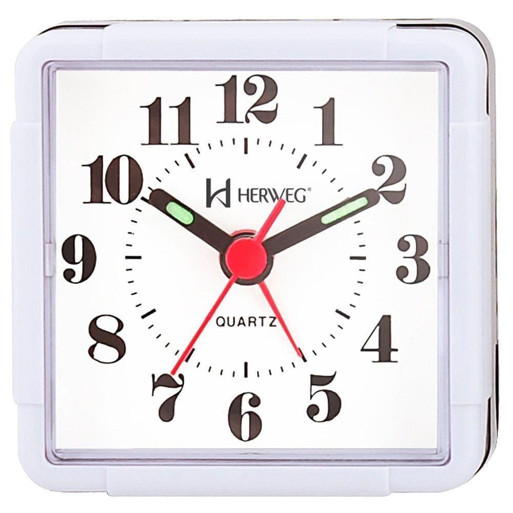 Relogio Despertador Quadrado Analógico Branco Herweg 2504