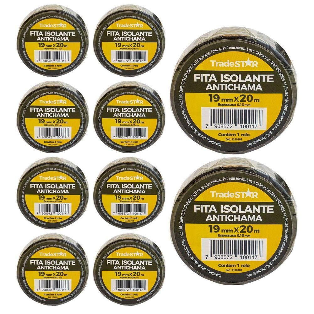 Kit 10 Rolos Pç Fita Isolante 20 Metros Preta
