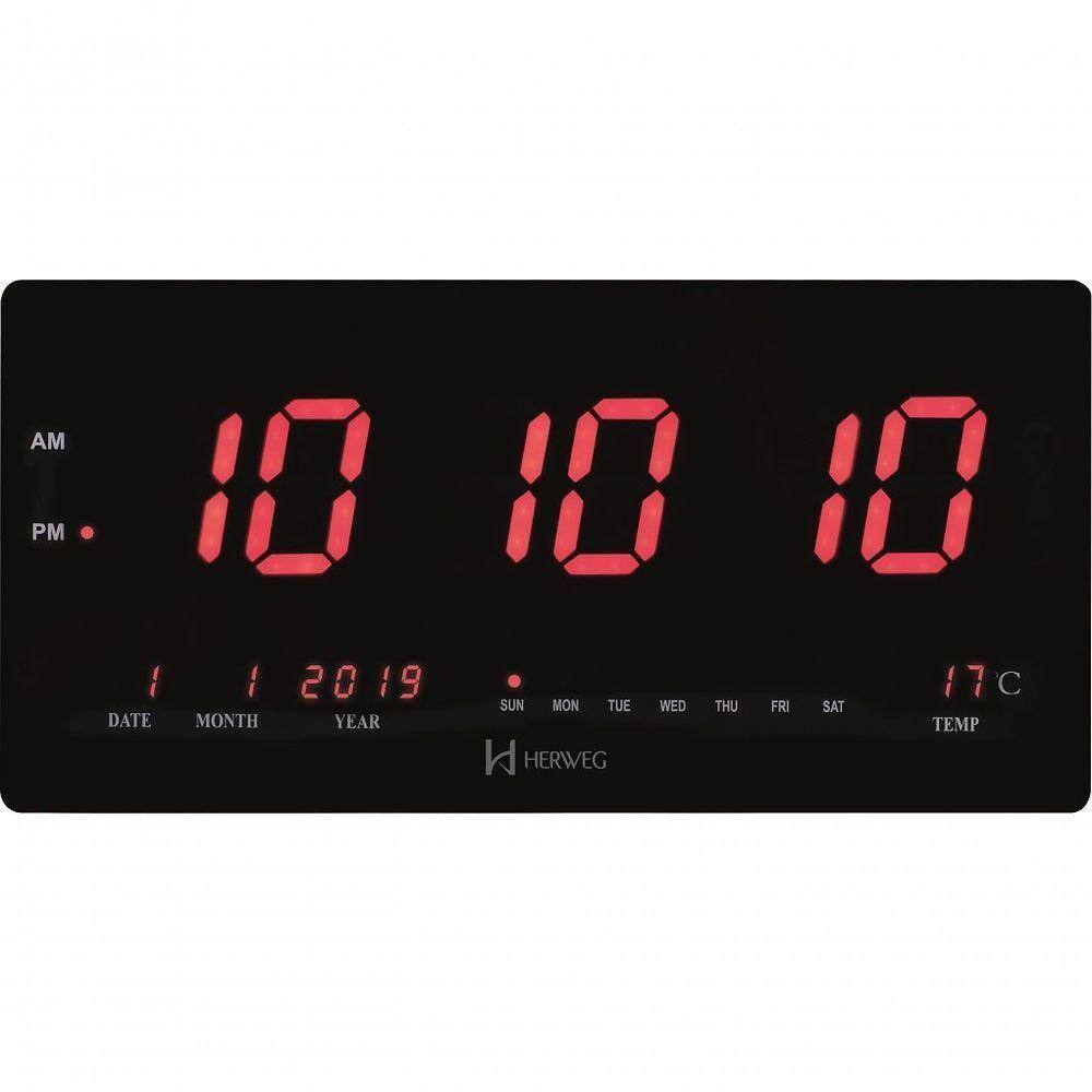 Relógio De Parede Digital De Led Vermelho 47 Cm X 23 Cm Herweg 6464 Preto