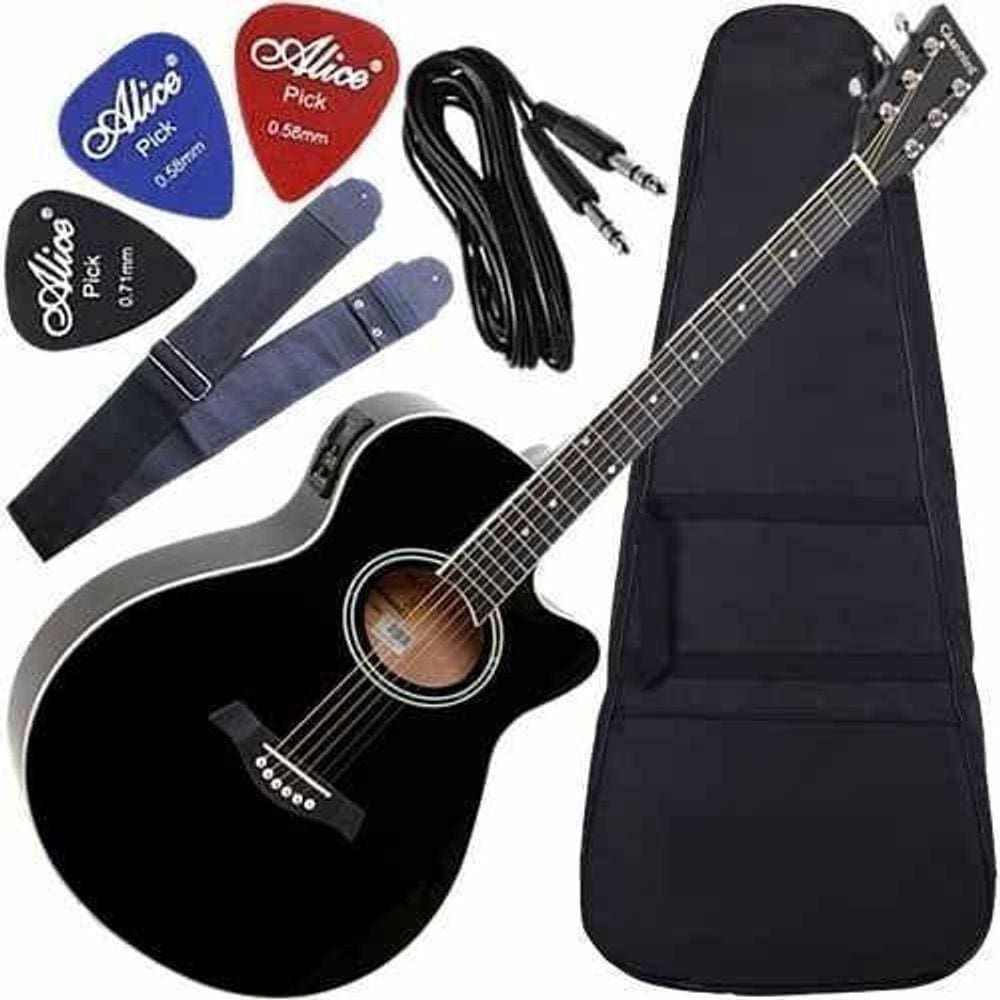 Kit Violão Mini Jumbo Elétrico Eq 3 Bandas Gsf1R Bk Giannini
