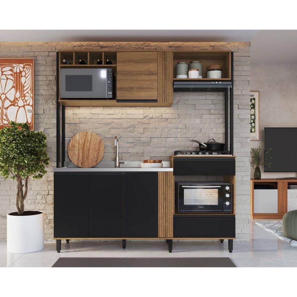 Cozinha Modular Compacta 04 Portas, Adega e 02 Nichos para Forno Laura Mel/Preto Touch