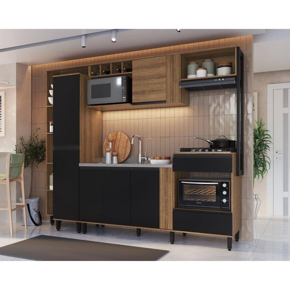 Cozinha Modular Compacta 06 Portas, Adega e 02 Nichos para Forno Laura Mel/Preto Touch