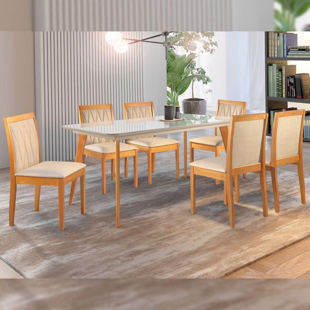 Conjunto Sala de Jantar Mesa Versales 140cm com 6 Cadeiras Hydra Cinamomo/Off White/Terra