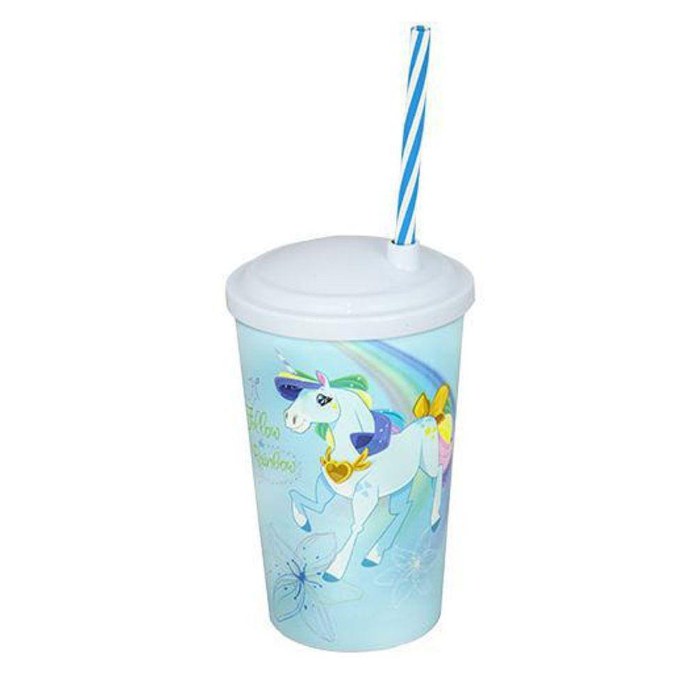Copo Infantil Unicórnio Azul Com Canudo E Tampa 550 Ml
