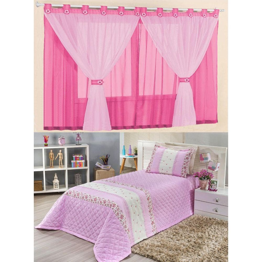 Kit Top Quarto Menina = Cortina Voal + Cobre Leito Manoela