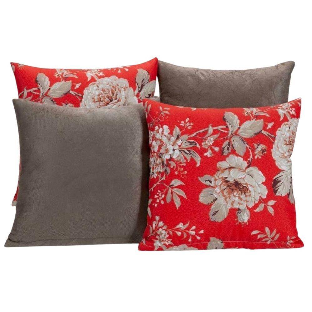 Kit 4 Capas De Almofada Para Sofá Estampa Cáqui Com Vermelho