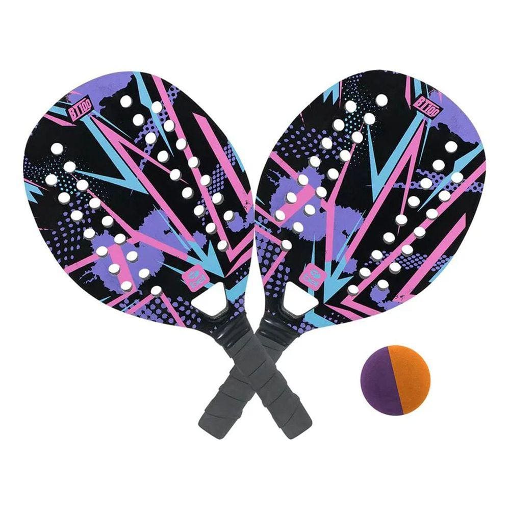 Kit 2 Raquetes Lilás Madeira Beach Tennis De Praia Com Bolinha