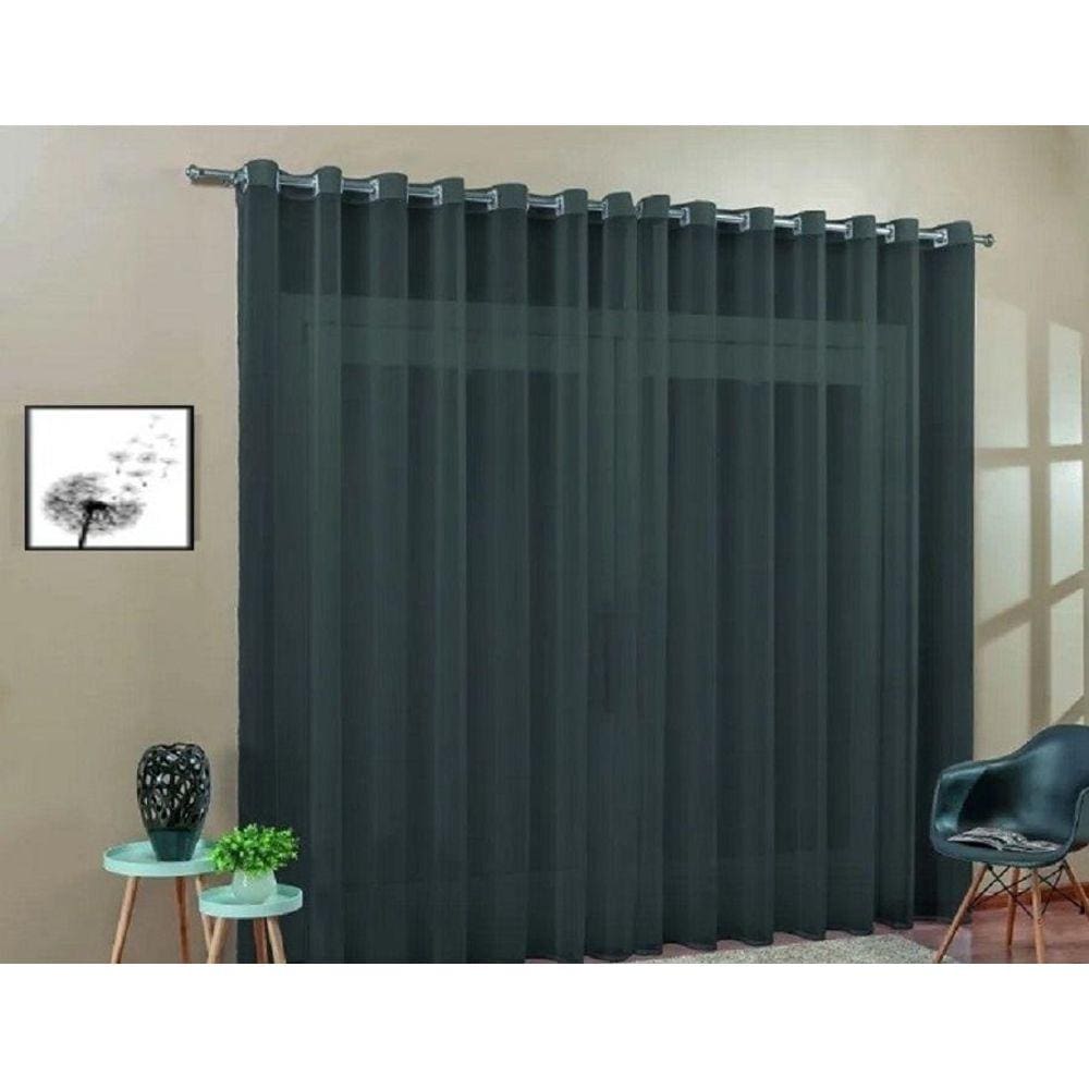 Cortina Voil Quarto Ou Sala 3,00X2,30 Ilhós Cromado Preto