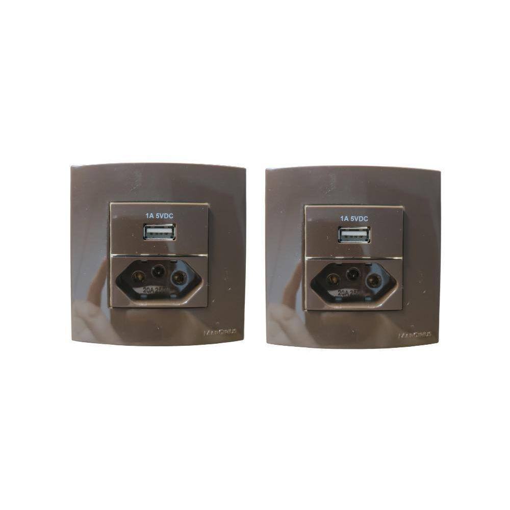 02 Tomada Dupla Para Móveis Margirius 10/20A + Usb - Marrom