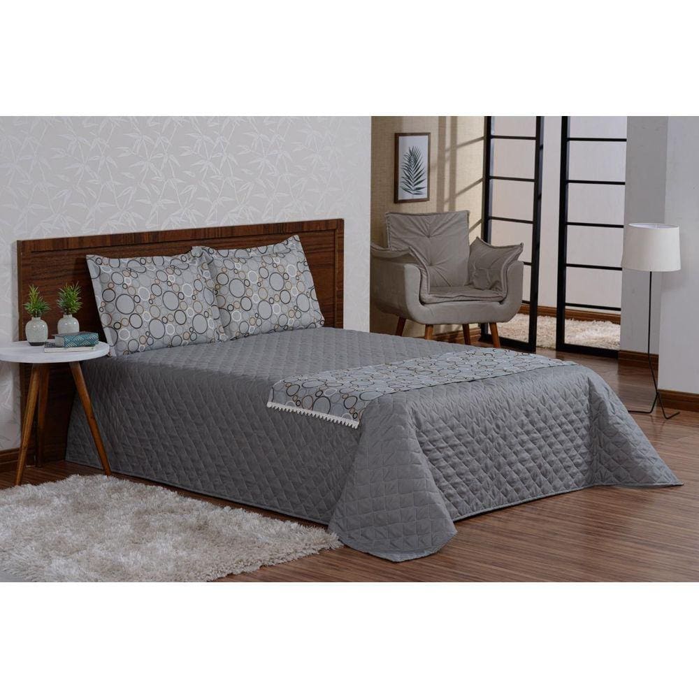 Kit Colcha Cobre Leito Valencia Casal 4 Peças Cinza Com Xale
