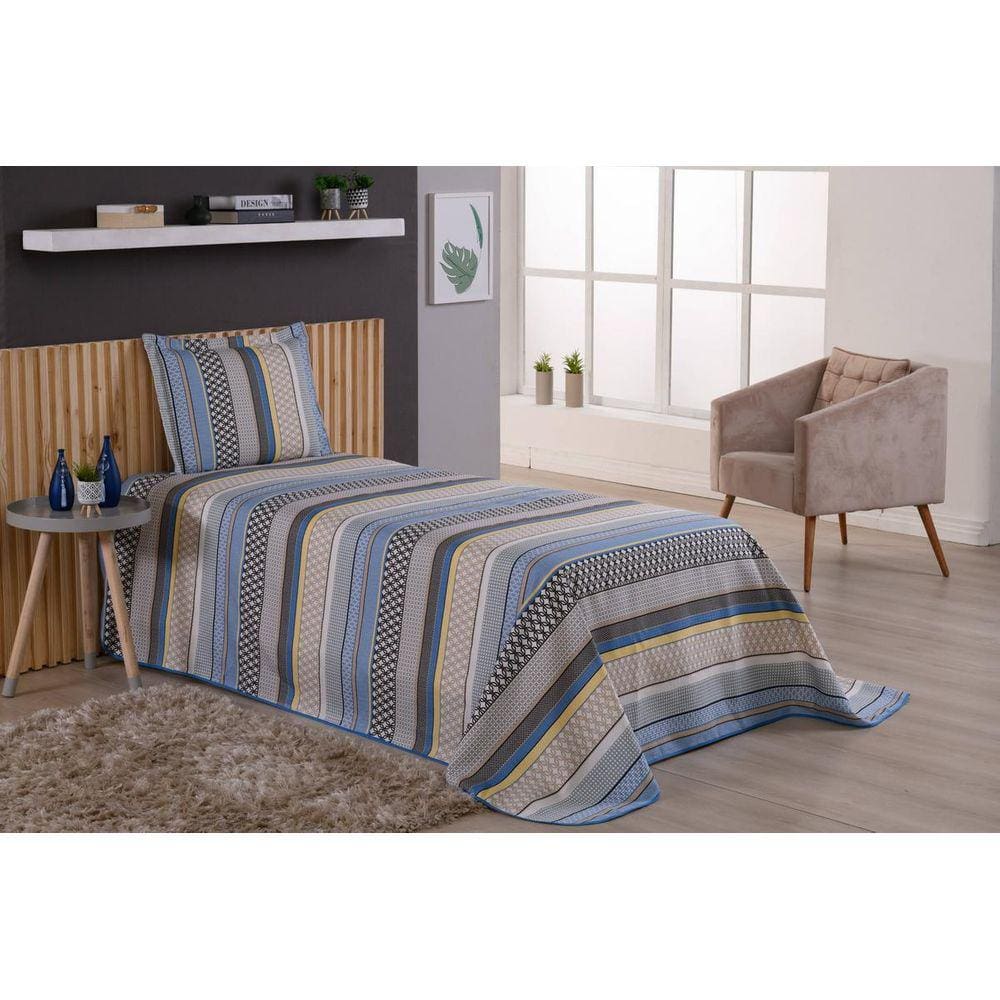 Jogo De Cama Cobre Leito Solteiro 2 Peças Listrado Azul
