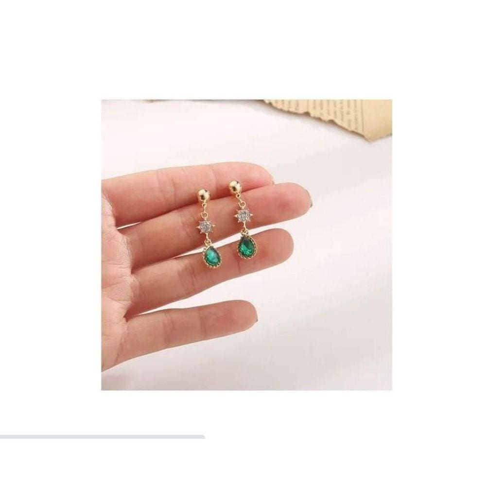 Brinco Dourado Strass Noiva Festa Verde Vintage