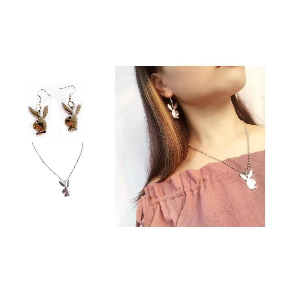 Conjunto Corrente E Brinco Coelho Playboy Sexy Prateado