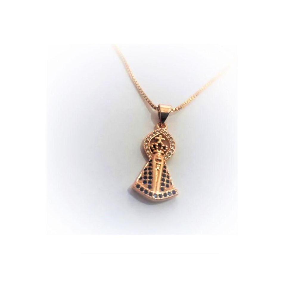 Cordão Folheado Com Pingente Nossa Senhora Zircônia Azul