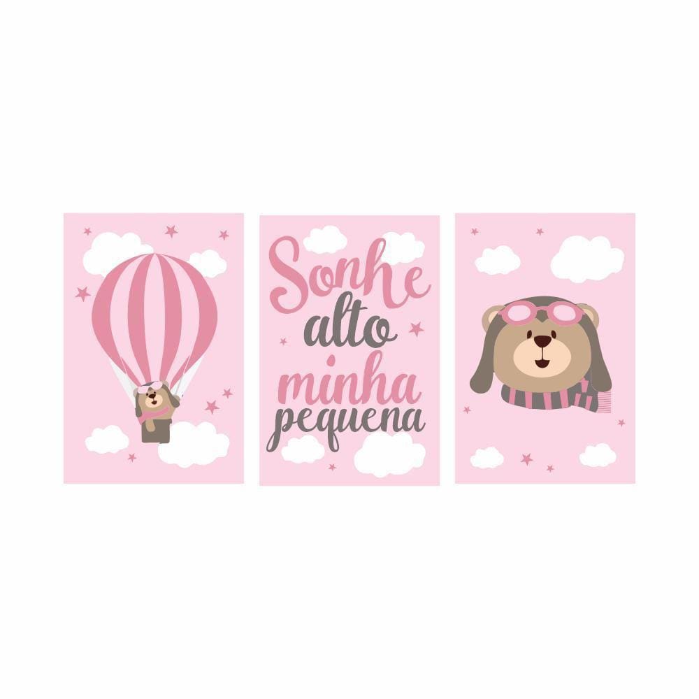 Kit 03 Quadros 30X20 Quarto De Bebê - Rosa - Sem Moldura