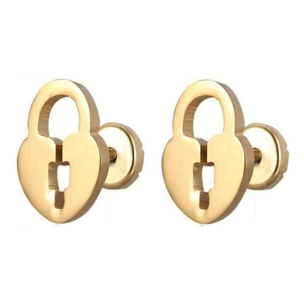 Brinco Infantil Ouro Aço Cirúrgico Cadeado Coração - Dourado