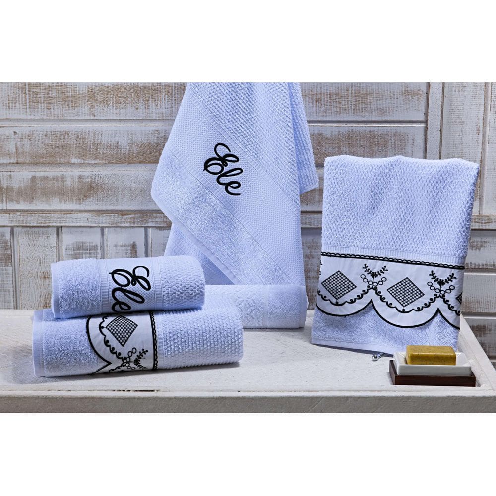 Jogo Banho Noblesse Luxo Bordado 5 Peças Branco Com Preto