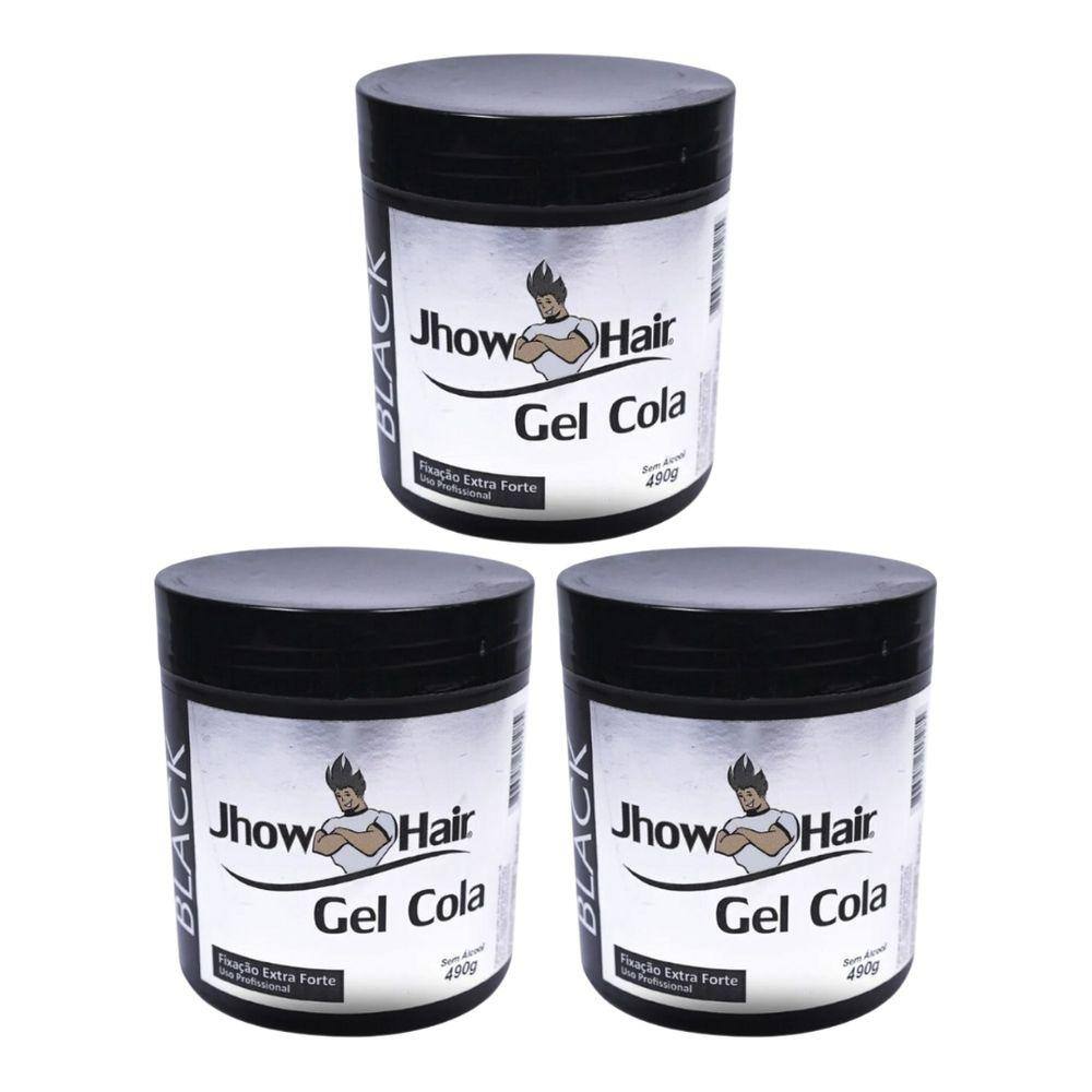 Gel Cola Jhow Hair 490g  Black Extra forte - Kit C/ 3un