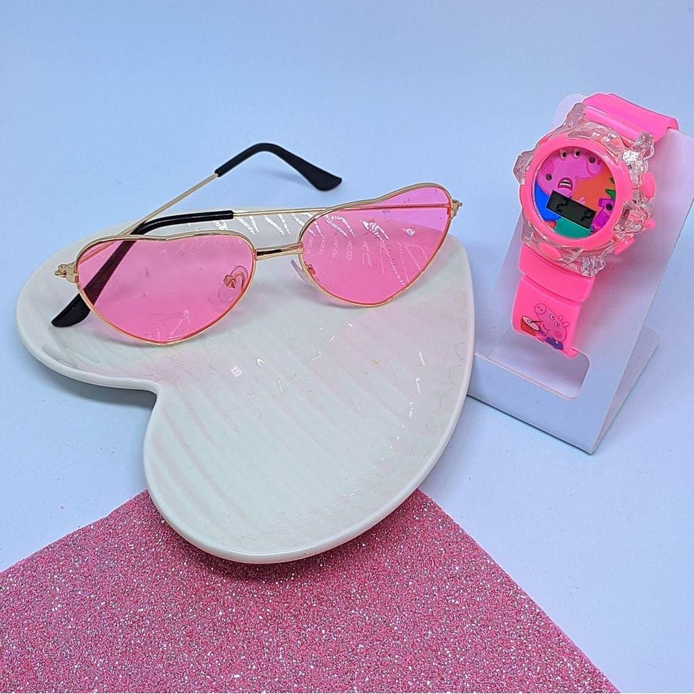 Kit Relógio Infantil Digital Pisca Luz Led Princesa Disney Meninas Barbie Frozen Óculos de Sol Coração Aço Flexivel