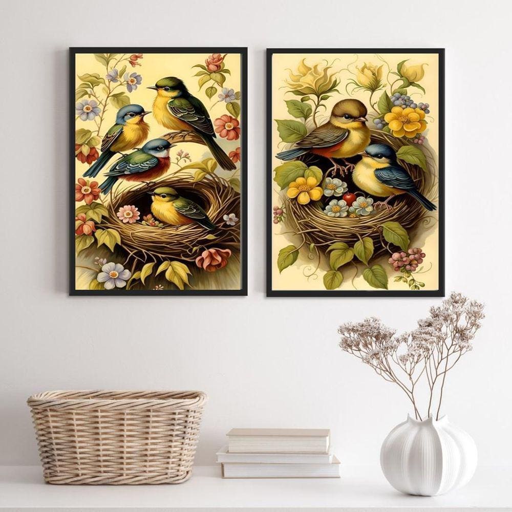 Kit 2 Quadros Decorativos Passarinhos No Ninho 45X34Cm Vidro
