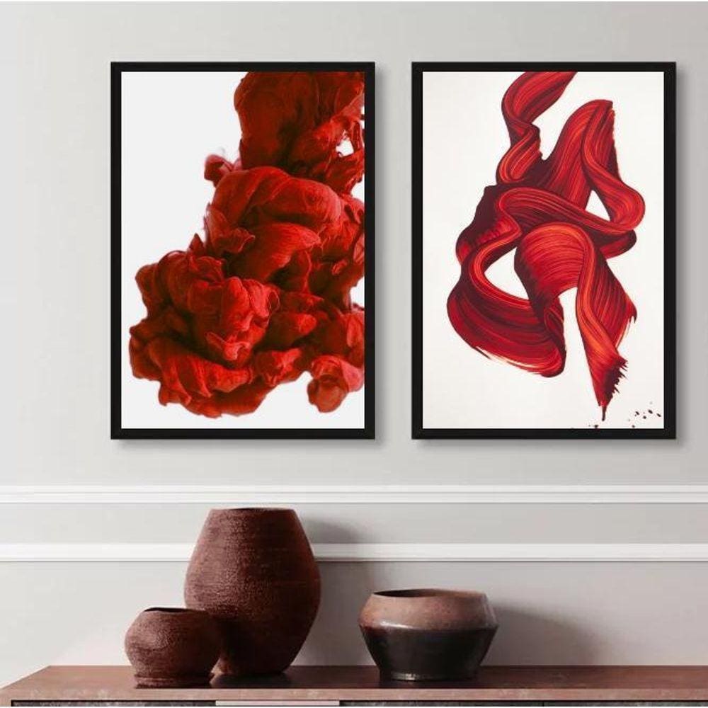 Kit 2 Quadros Abstratos Arte Moderna Ondas Vermelhas 45X34Cm