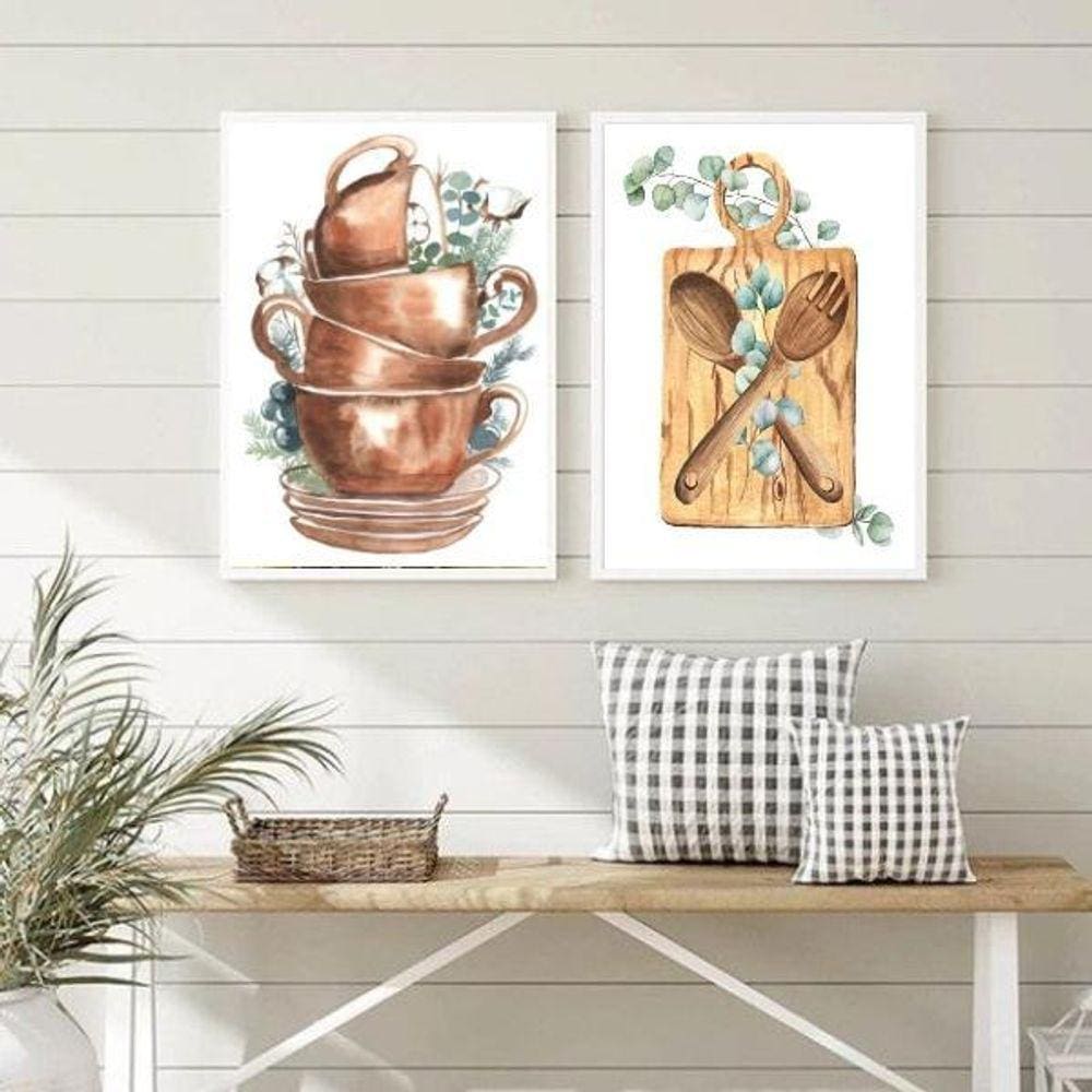 Kit 2 Quadros Para Cozinha Panelas E Utensílios 33X24Cm