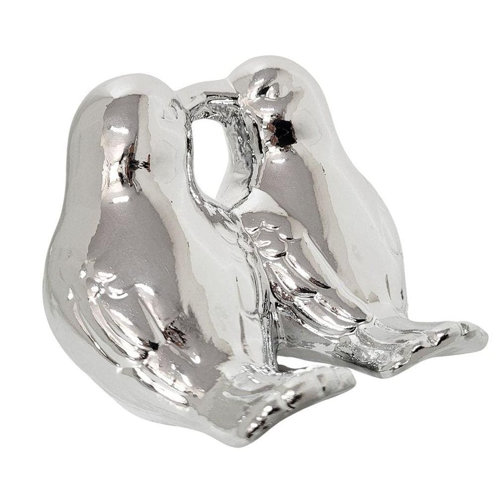 Enfeite Pássaro Casal Porcelana Prata Grande 13cm - Lívon