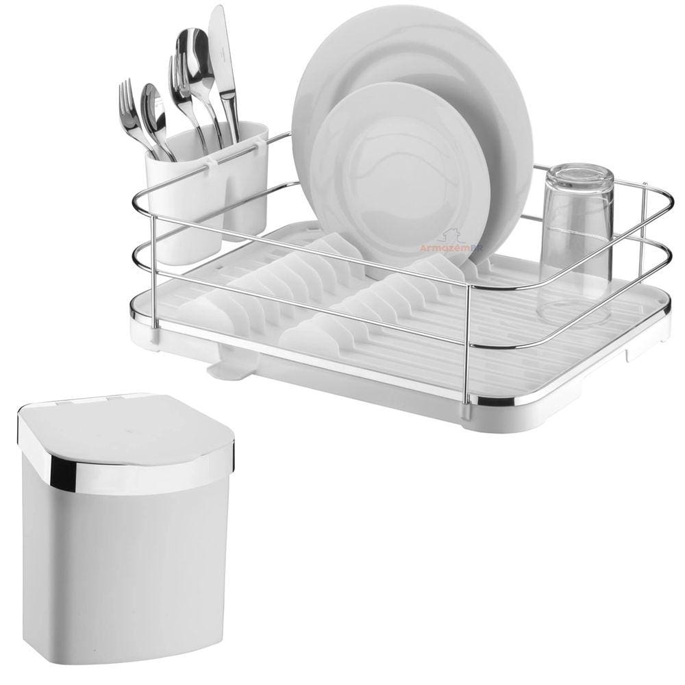 Kit Escorredor De Louças Porta Talheres Lixeira 2,5L De Pia Cozinha Branco Cromado - Future