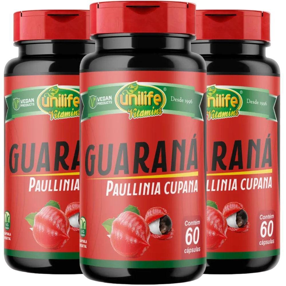 Guaraná Suplemento Alimentar Vegano 60 Capsulas de 500mg Kit com 3