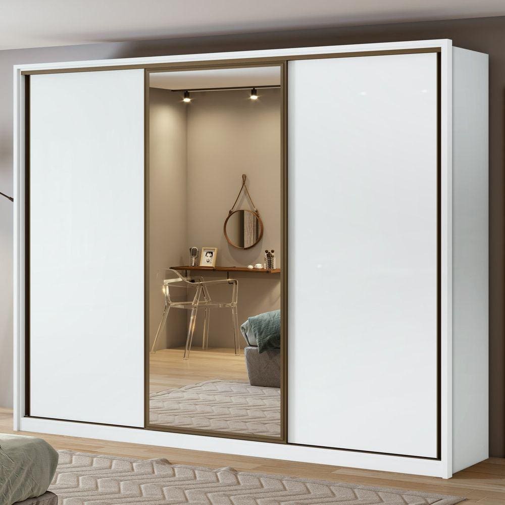 Guarda Roupa Casal com Espelho 3 Portas de Correr 6 Gavetas 270,5cm Spazio Glass Espresso Móveis Branco