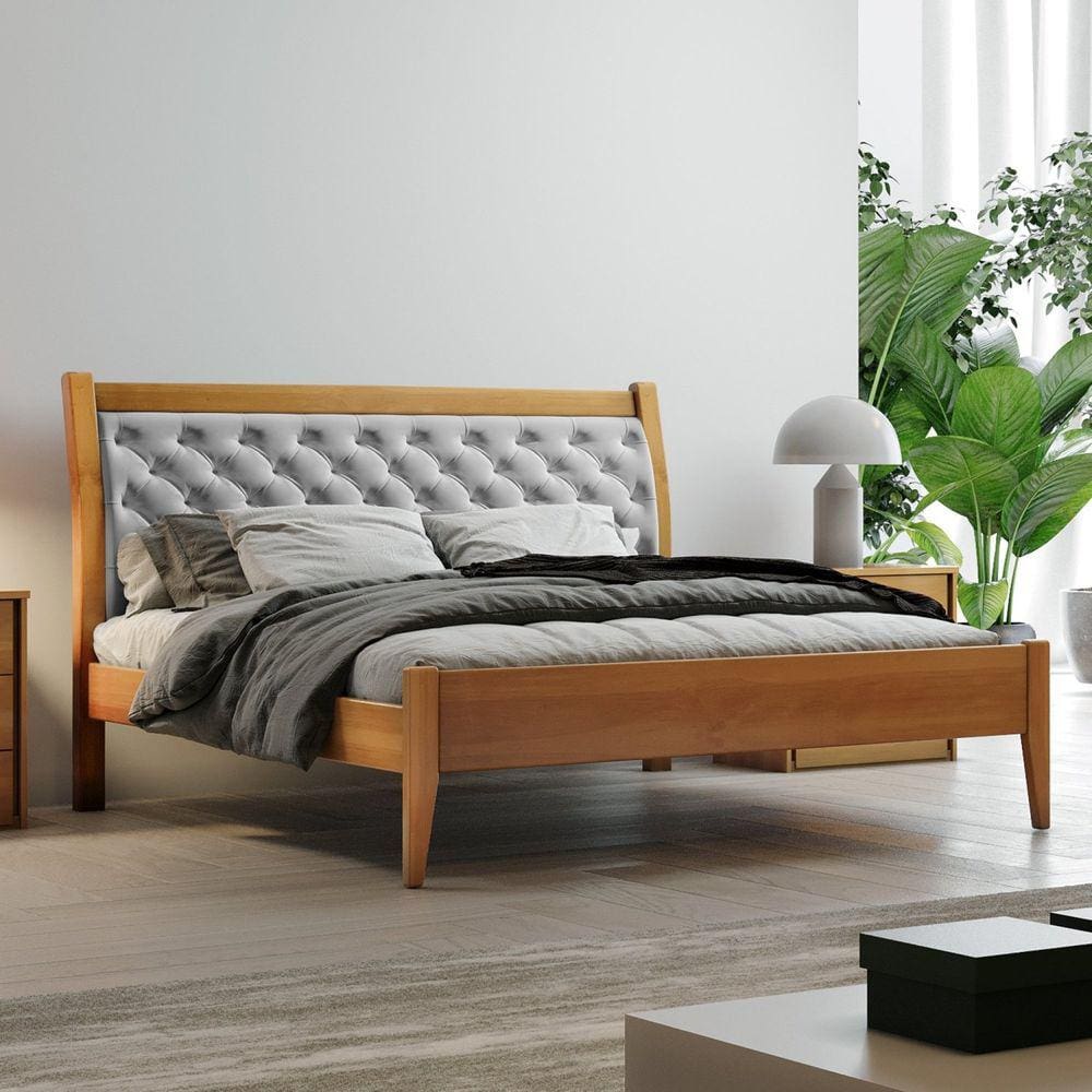 Cama Casal 140cm Vivare Josandro Amêndoa Mel/Veludo Cinza Claro