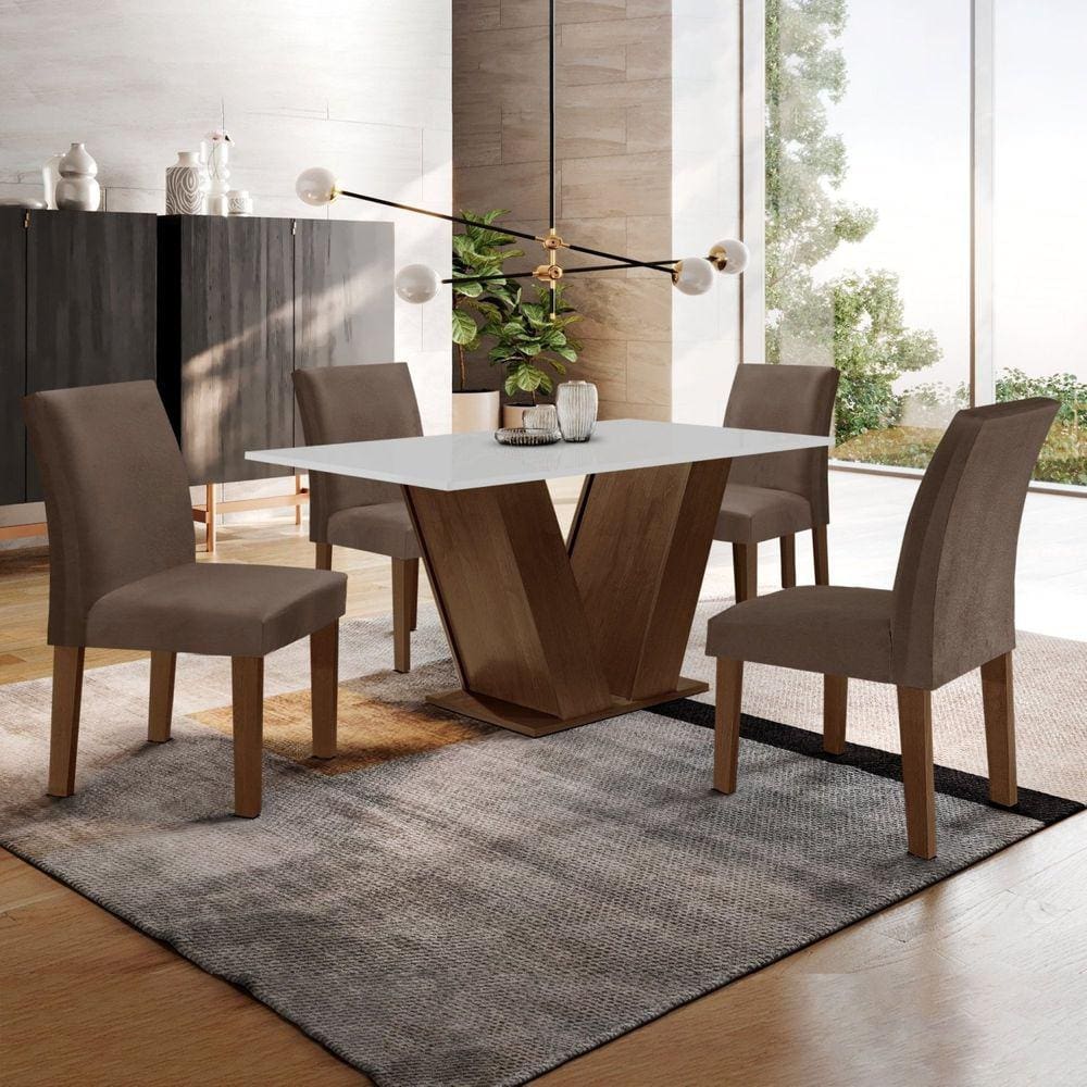 Conjunto Sala de Jantar Mesa 120x80cm Tampo MDF com 4 Cadeiras Espanha Yescasa Chocolate/Off White/Marrom