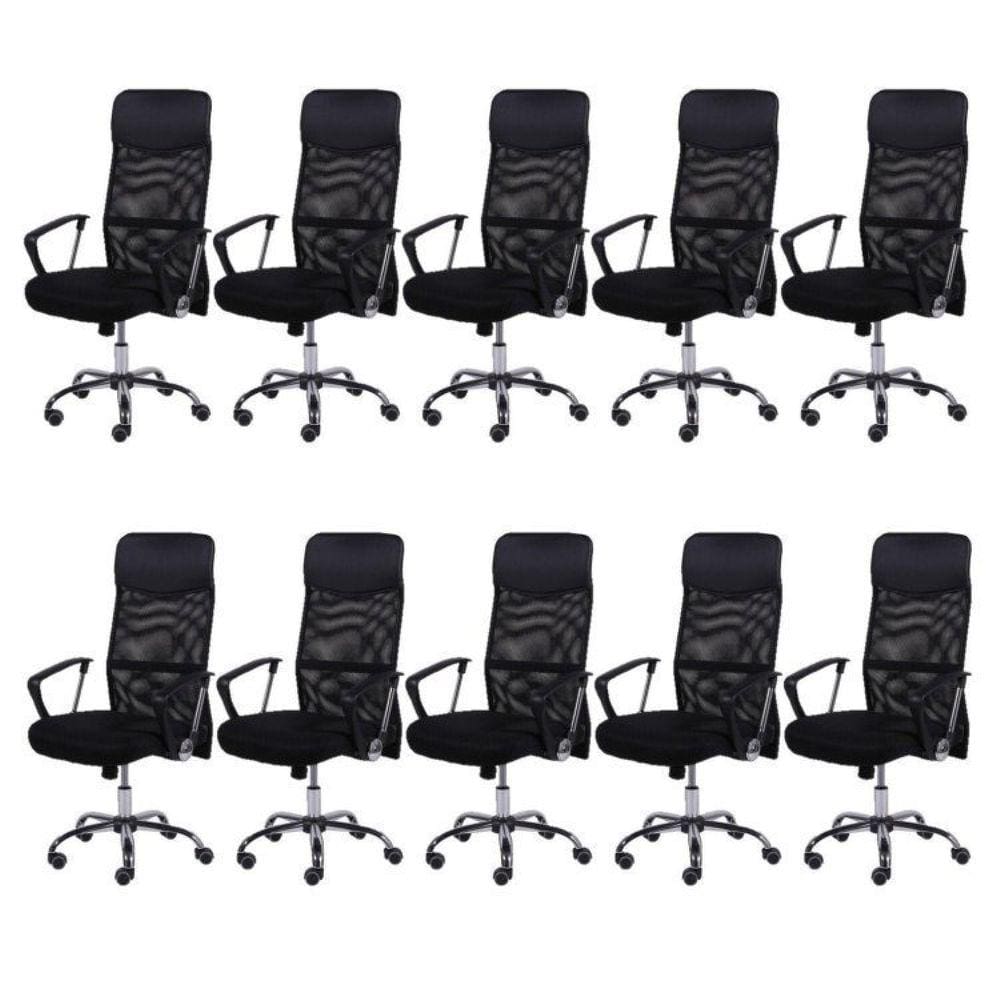 Kit 10 Cadeiras para Escritório Presidente em Sintético e Tela Mesh com Rodízios 3307 OR Design Preto