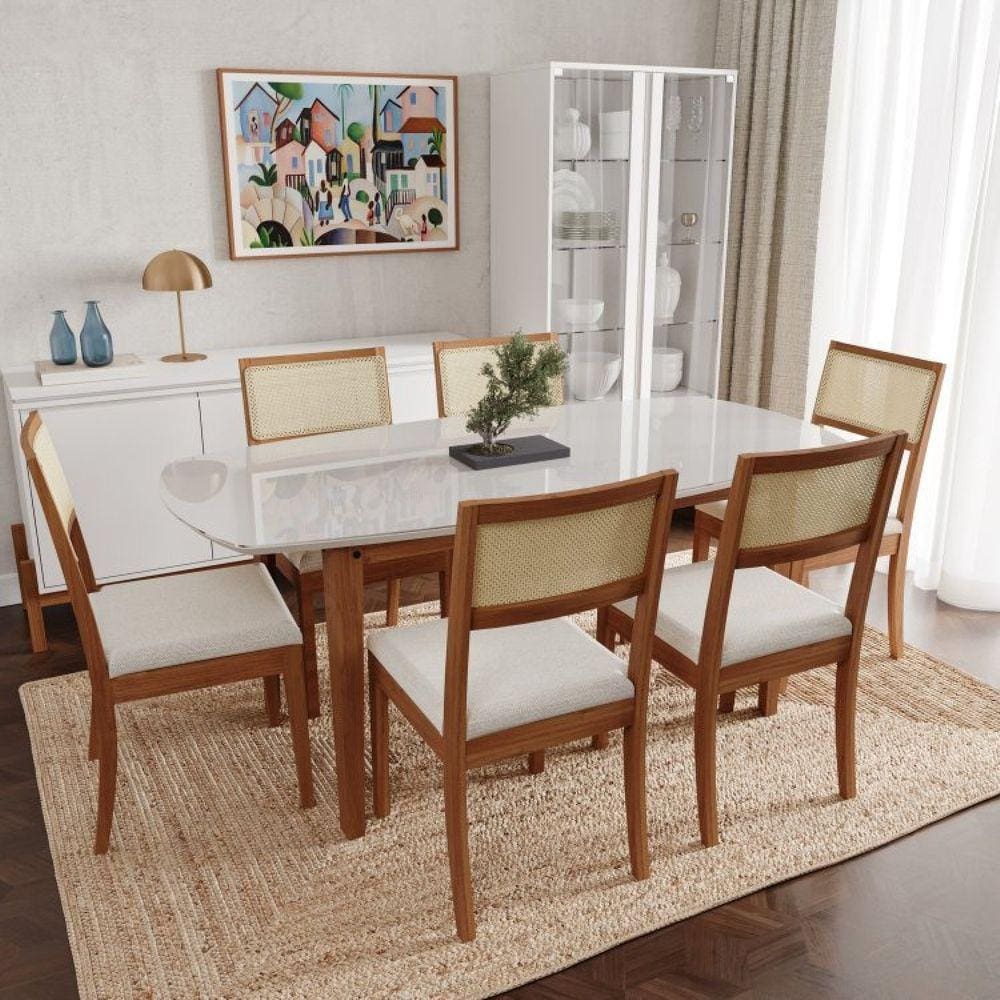 Conjunto Mesa de Jantar Tampo Vidro e MDF 1,80m e 6 Cadeiras Tiê CabeCasa MadeiraMadeira Amendoa/Bege claro