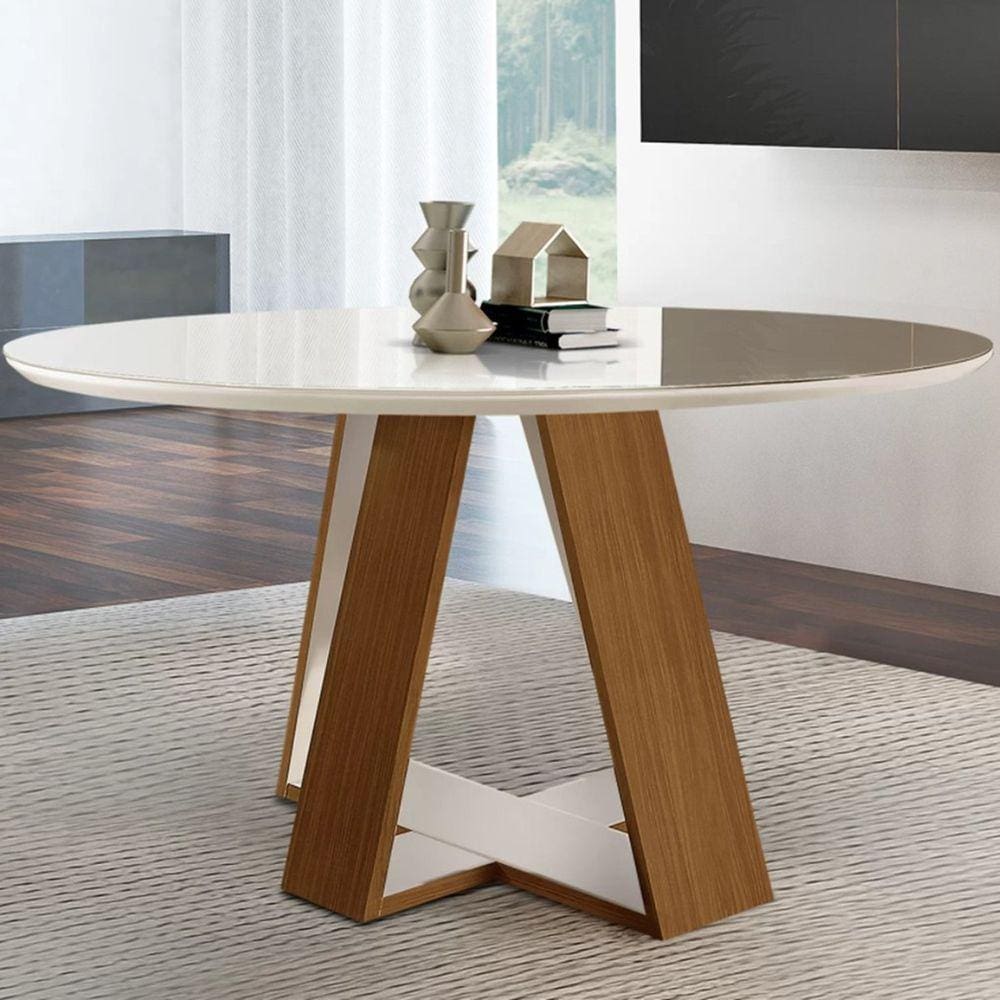 Mesa Redonda 4 Lugares Tampo com Vidro/Laca Grécia Castanho Cinamomo/Off White