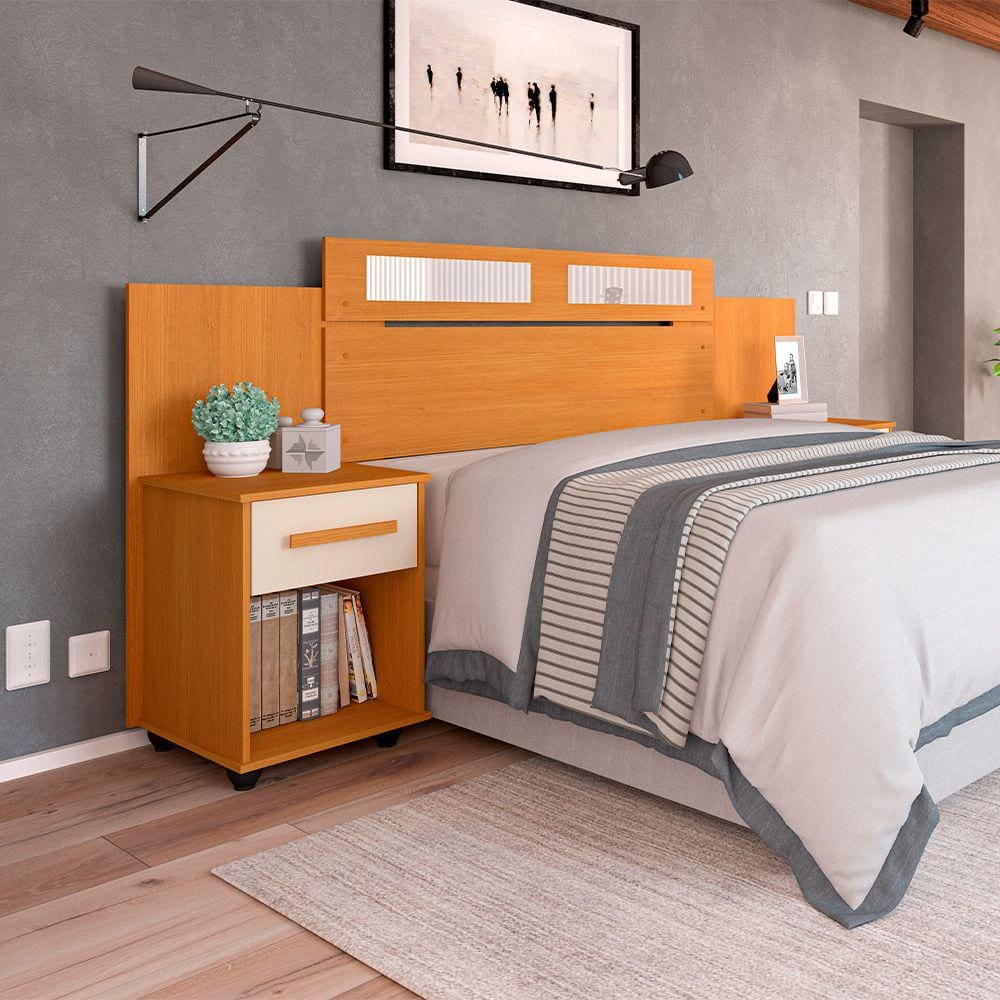 Cabeceira de Solteiro Casal Extensível Jade com 2 Mesas de Cabeceira - Nature/off White