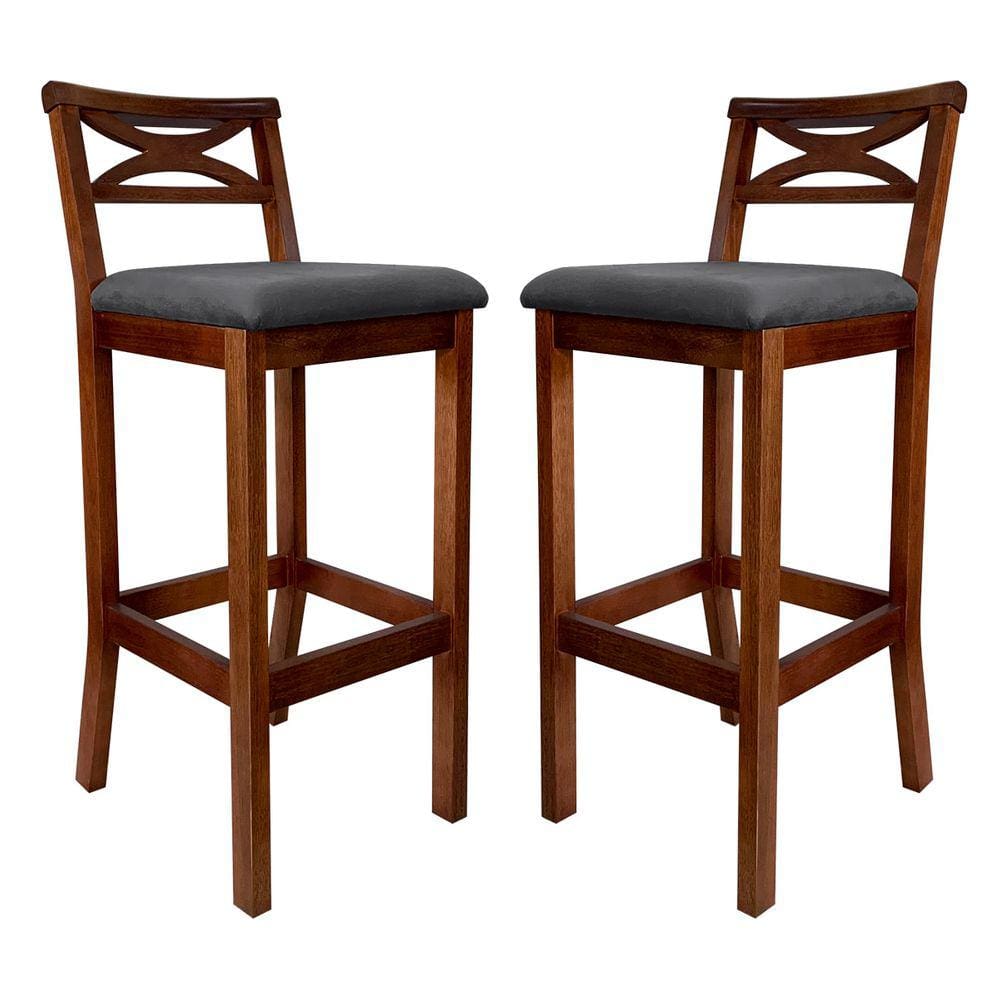 Kit 2 Banquetas Alta Estofada Madri Madeira Castanho Suede Cinza CCS