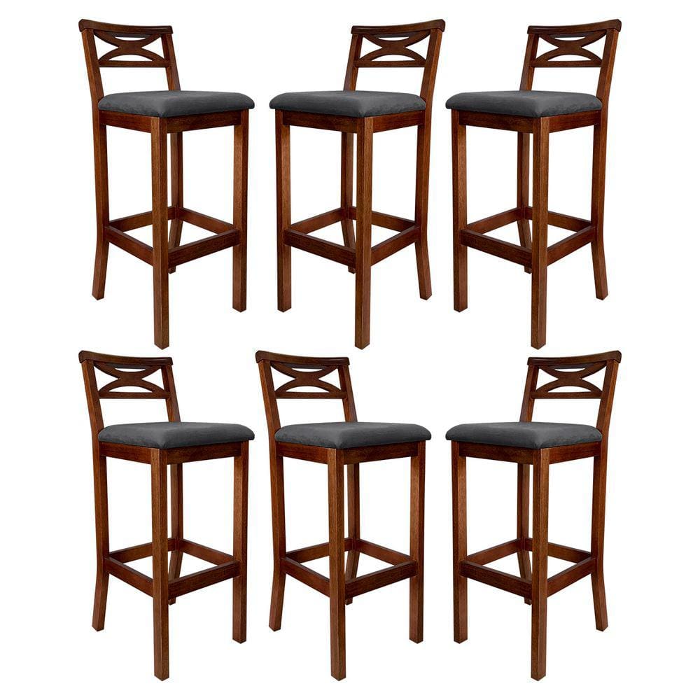 Kit 6 Banquetas Alta Estofada para Cozinha Americana Madri Madeira Castanho Suede Cinza CCS