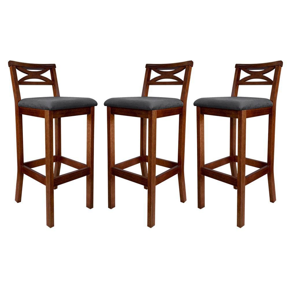 Kit 3 Banquetas Alta para Balcão Madri Madeira Castanho Suede Cinza CCS