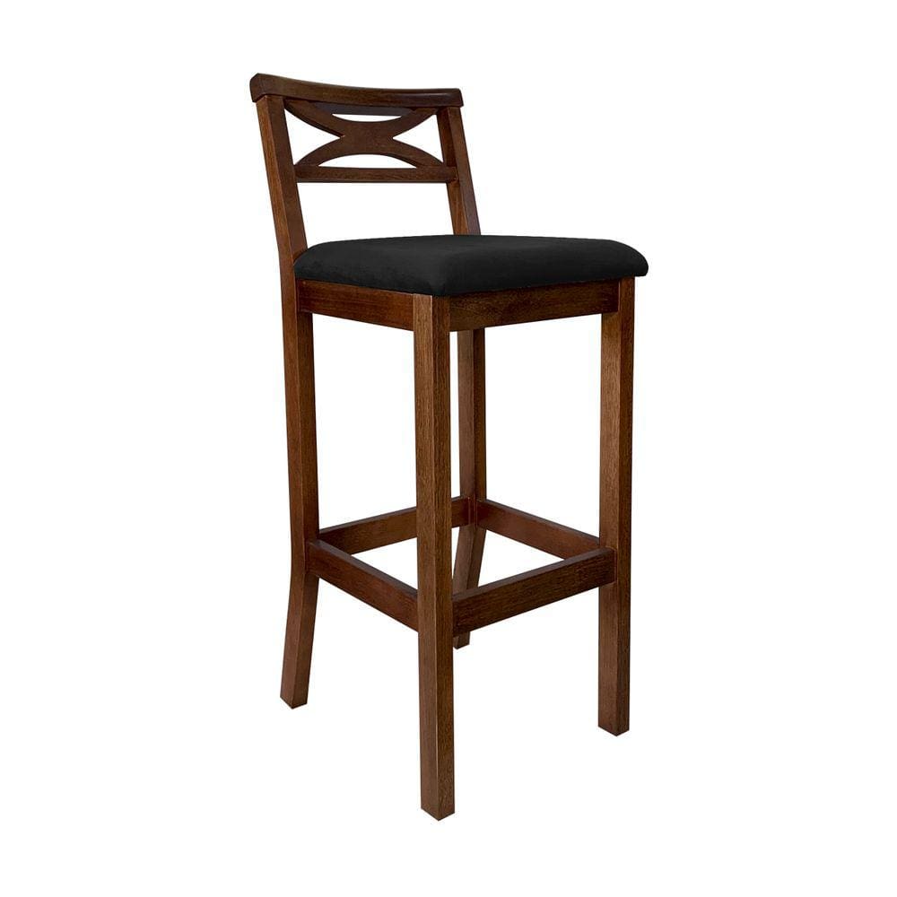 Banqueta Alta X Estofada 38x103Cm Ilha Encosto Madri Madeira Maciça Castanho Suede Preto CCS