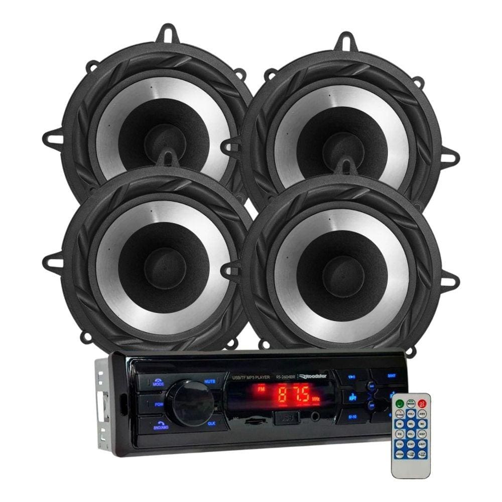 Rádio Roadstar RS2604BR BT/USB/SD/FM/Auxiliar + 4 Alto Falantes 5 Bomber 200w