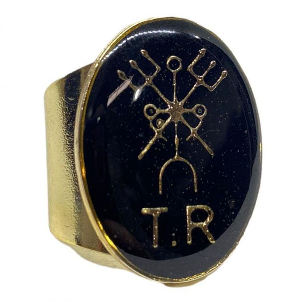 Anel Dourado Ajustável Orixá Exú 2,7 Cm Em Metal - Selecione